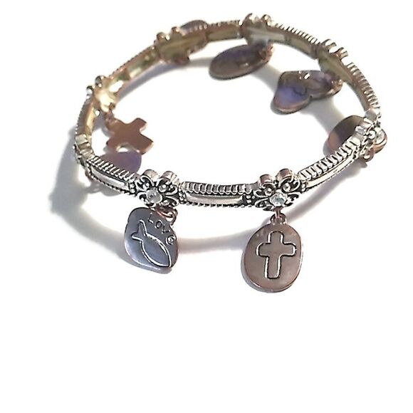 Inspirational Cross, Heart, Fish Stretch Silver-tone Charm Bracelet - Picture 4 of 8